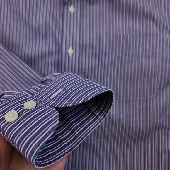 Lauren Ralph Lauren Slim Fit Men's 17 34/35 Purple Green Stripe Button Up Cotton - Picture 6 of 7